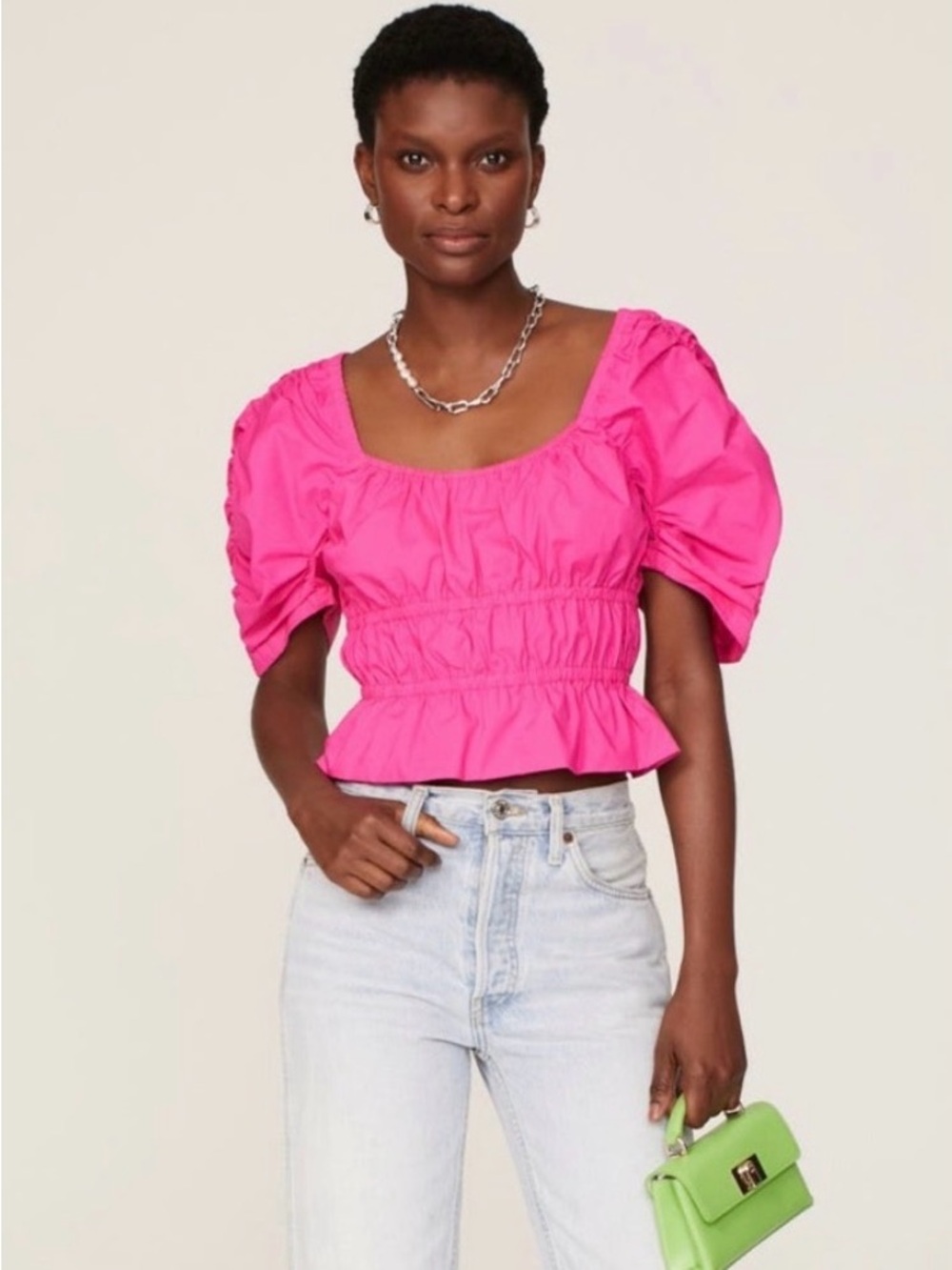 Derek Lam Hot Pink Cotton Crop Top With Elastic Peplum Size L
